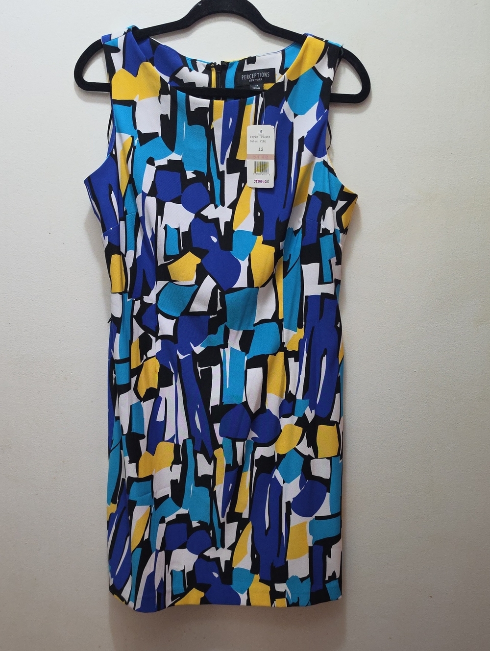 Perceptions Sleeveless Geometric Sheath Dress in Blue, Yellow, White, Black